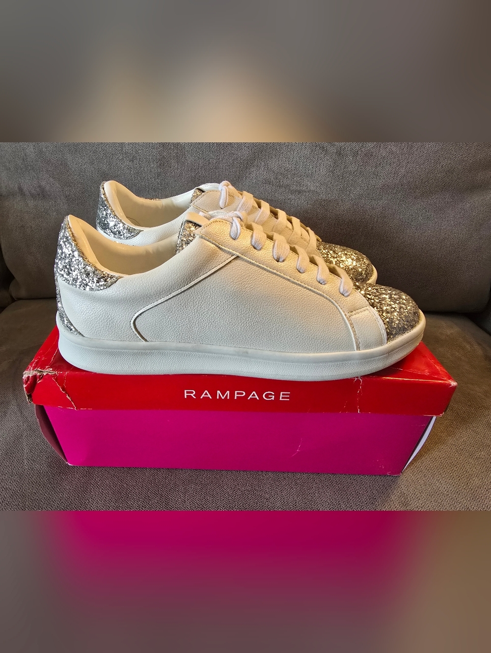 NIB Rampage White Sneakers with Silver Glitter Toe Womens 9